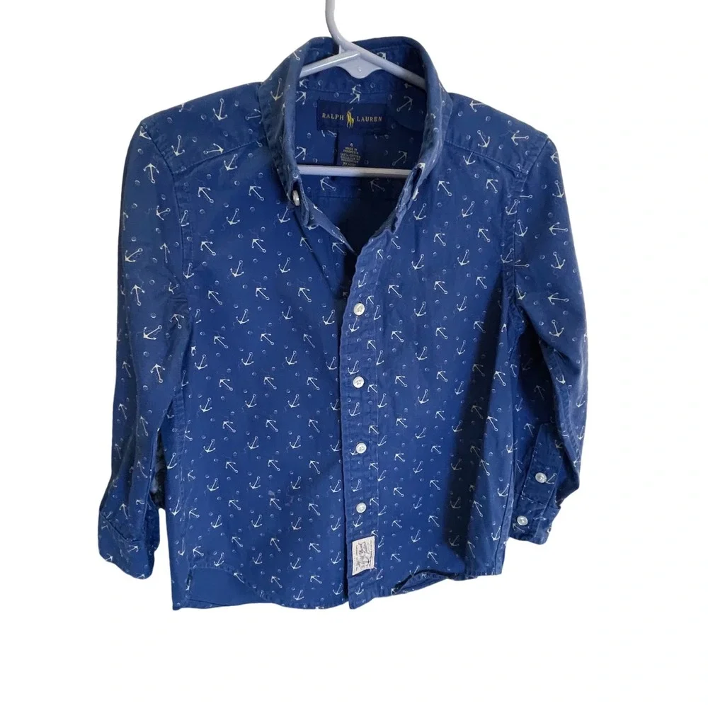 Ralph Lauren Kids Blue Anchor Print Cotton Button Down Shirt Size 4 Long‎ Sleeve